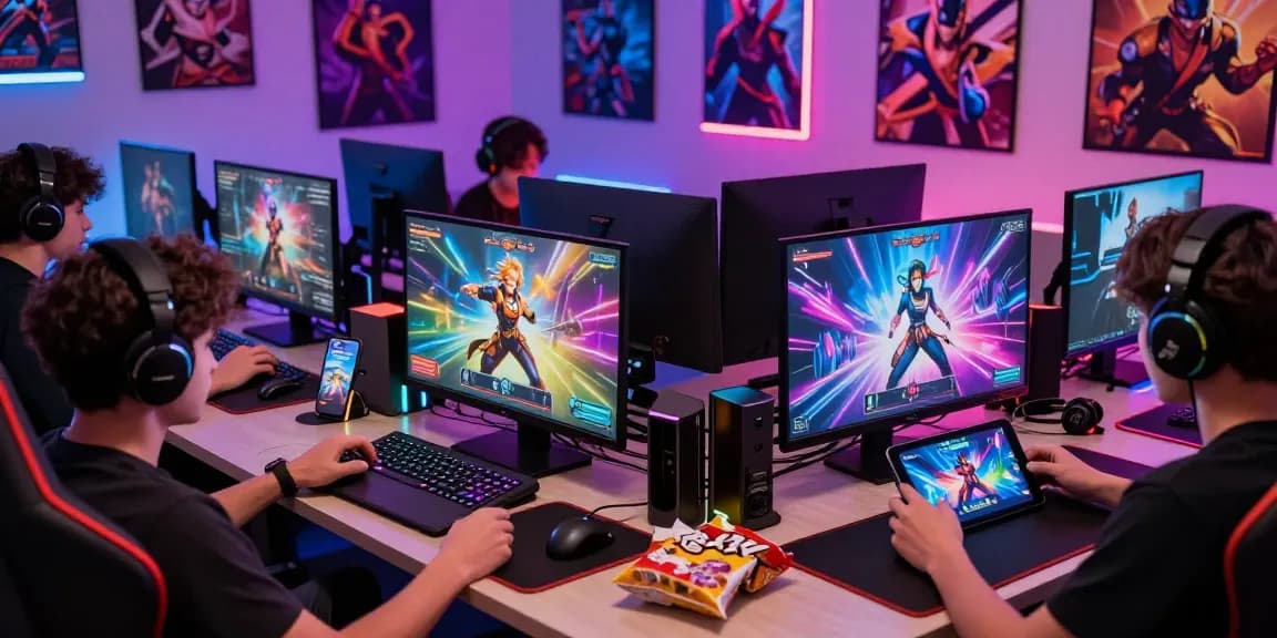 Engaged players enjoying xxx games on various devices in a vibrant gaming setup.