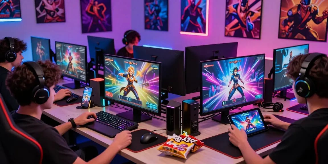 Engaged players enjoying xxx games on various devices in a vibrant gaming setup.
