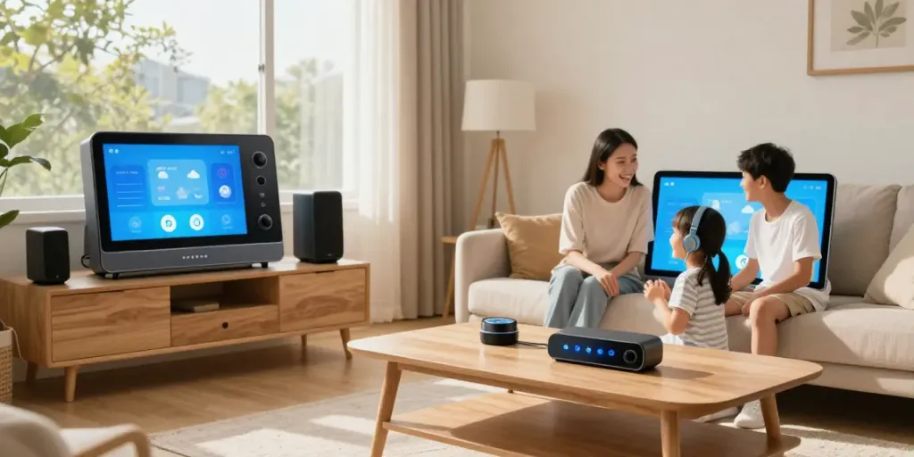 Smart home living room with audio systems and smart devices showcasing جهان اسمارت lifestyle.