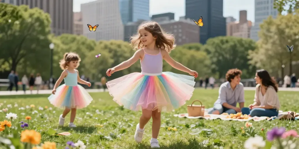 Girl twirling in a colorful tutu at tutu-store.com, surrounded by flowers and butterflies in a sunny park.