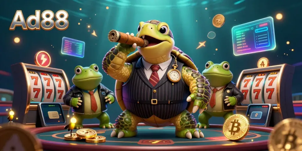 Experience high-stakes action at Ad88 with a vibrant cartoon casino scene featuring unique characters and iconic gaming elements.