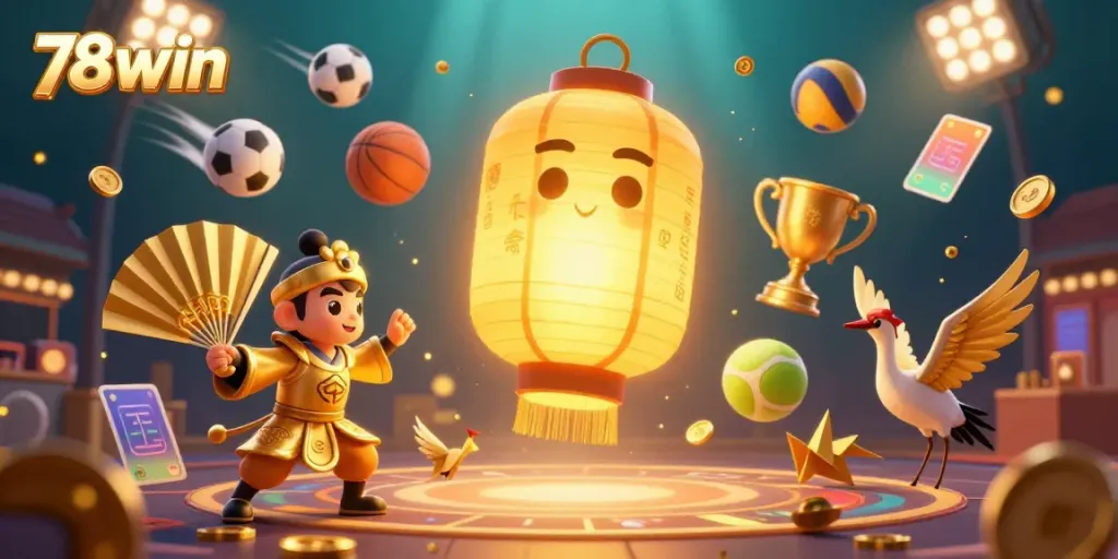 Experience the excitement of 78win with glowing spirits and dynamic sports elements in this vibrant casino scene.