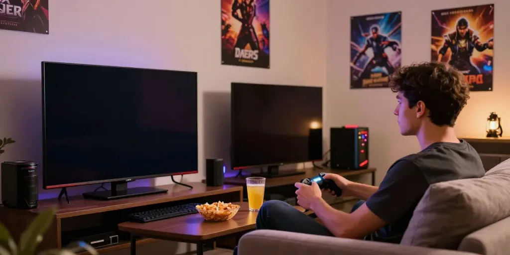 Gamer menikmati pengalaman bermain slot online di ruang tamu modern dengan grafik vibrant pada layar, permainan oyo288 resmi.