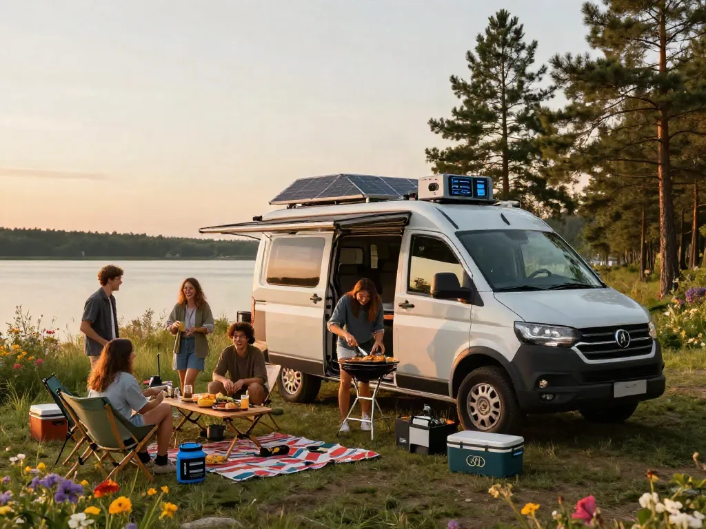 Friends enjoying outdoor cooking powered by 12V Lithium Batteries near a scenic lake, showcasing their camper van and solar setup.