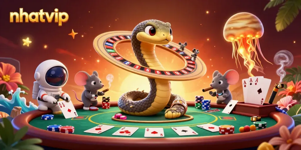 The nhatvip cosmic casino scene features cosmic characters celebrating vibrant gameplay, emphasizing online gambling excitement.