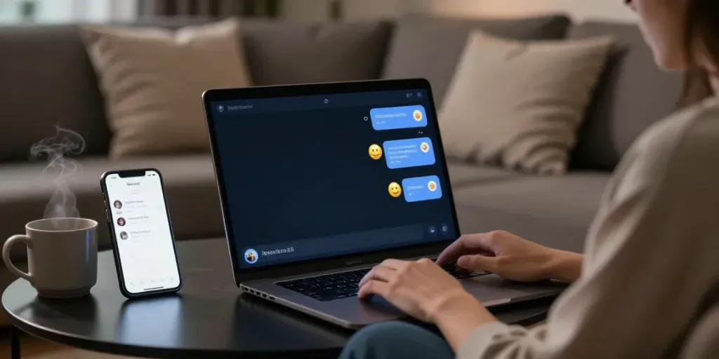 Engaging AI sex chat interface on laptop screen, inviting atmosphere with cozy elements.