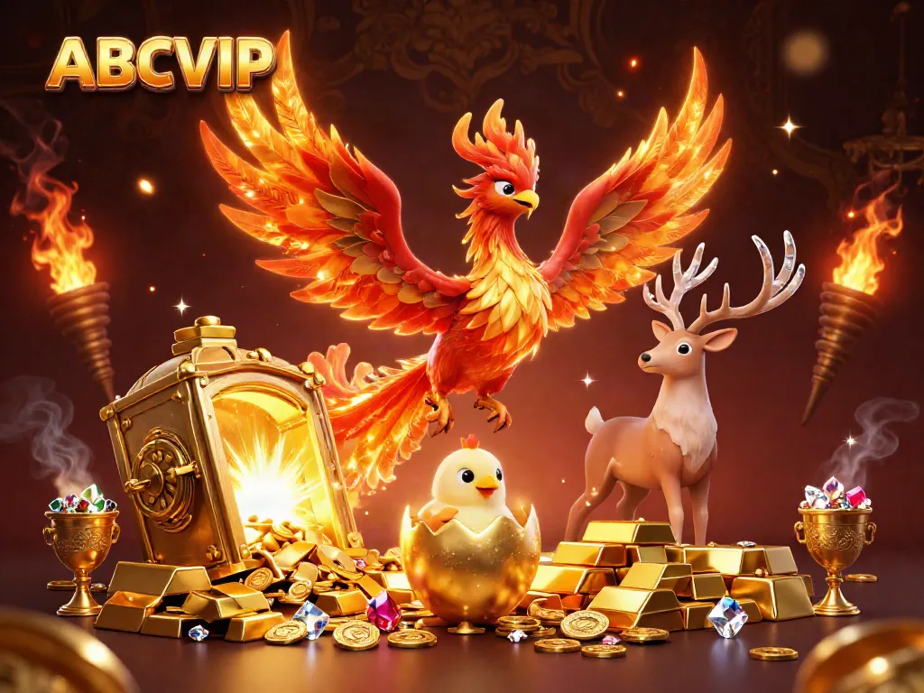 Experience ABCVIP's dazzling online casino with a vibrant phoenix scene symbolizing high stakes and rewards.