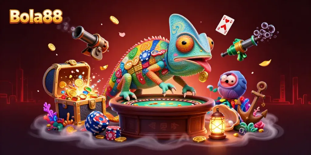 Engage with Bola88's vibrant casino world featuring a colorful chameleon and exciting game elements.