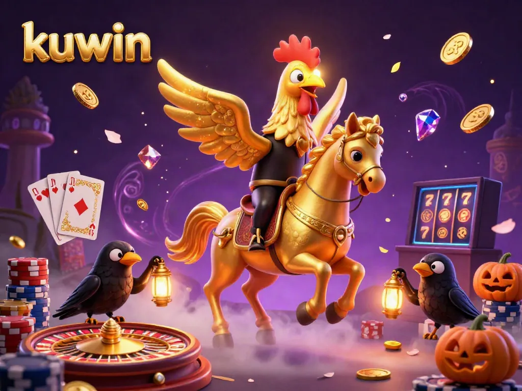 Kuwin golden rooster specter rides through a vibrant casino, casting shimmering coins and jewels.