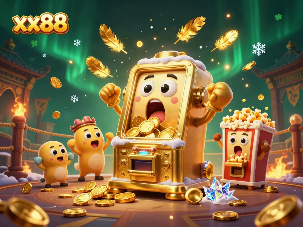Experience the thrill of xx88 with a golden slot machine hitting a jackpot in a vibrant casino scene.