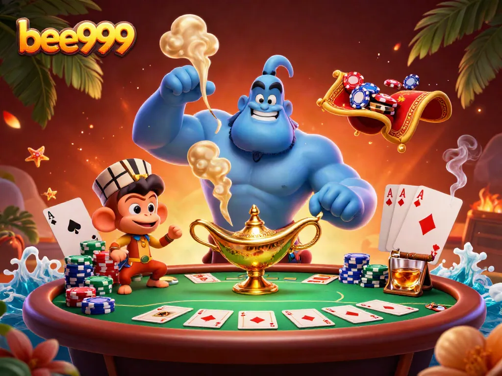Interactive gambling scene featuring bee999 with genie, monkey, poker elements, and colorful chips.