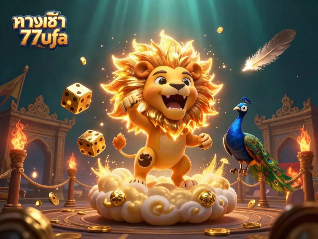 Experience winning thrills with ทางเข้า 77ufa, a visually rich 3D scene of a roaring lion and golden dice.
