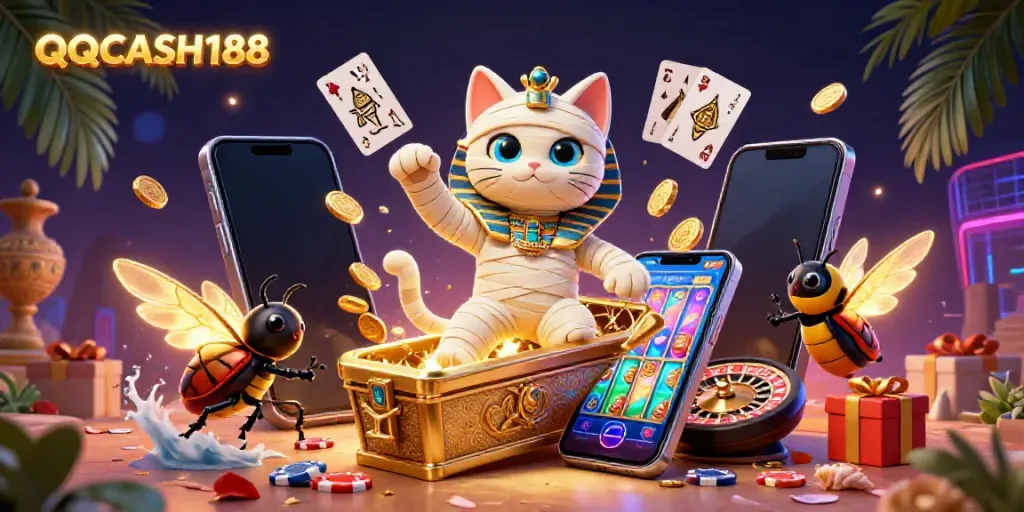 Experience the excitement of QQCASH188 with a vibrant 3D casino illustration of an Egyptian mummy cat and a scarab beetle.