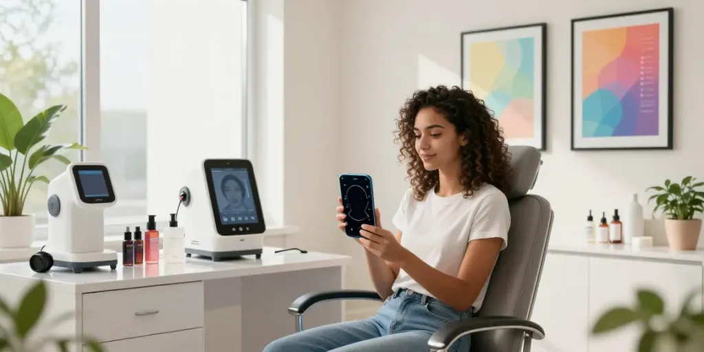 Young woman reviewing alternatives to QOVES in a modern beauty clinic consultation.