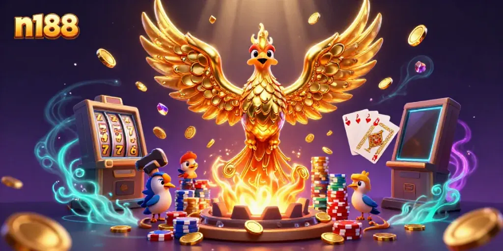 Experience the excitement of n188 with a golden phoenix and vibrant casino elements in ultra-detailed 3D.