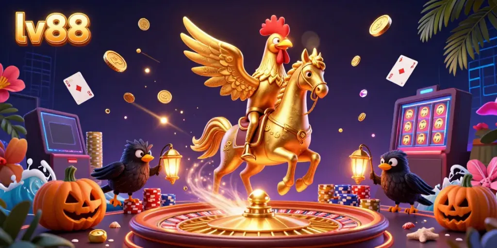 Experience vibrant gameplay at lv88 with a golden rooster leading the way through a lively casino scene.