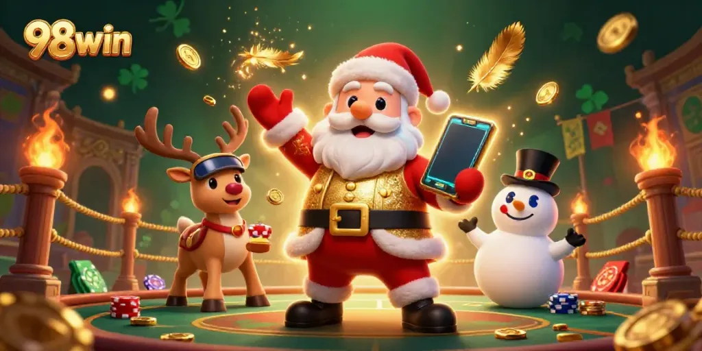 Experience the excitement of 98win with Santa Claus and friends enjoying jackpot slots in a vibrant casino setting.