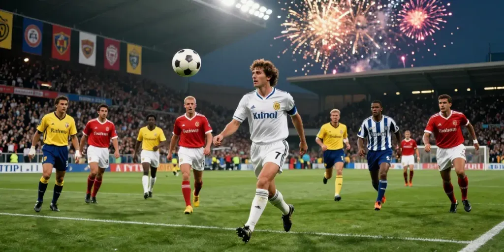 TOP10ตำนานนักเตะ featuring legendary football players performing iconic moves under fireworks.
