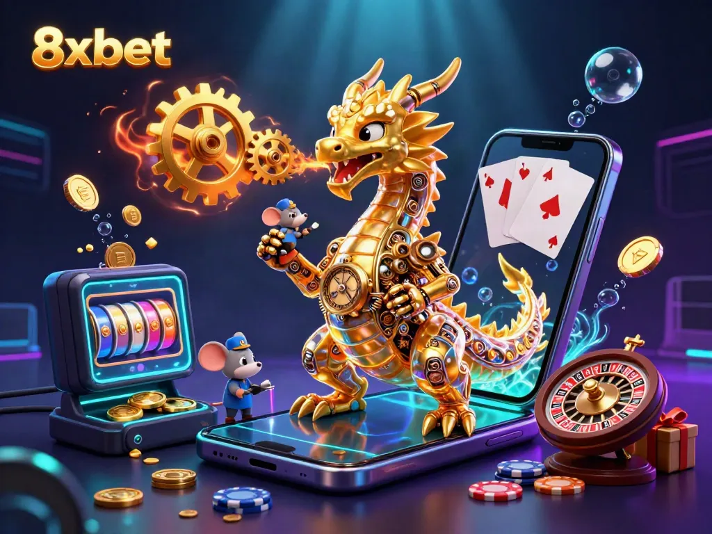 Experience the thrilling world of 8xbet with a 3D golden dragon and vibrant casino elements.