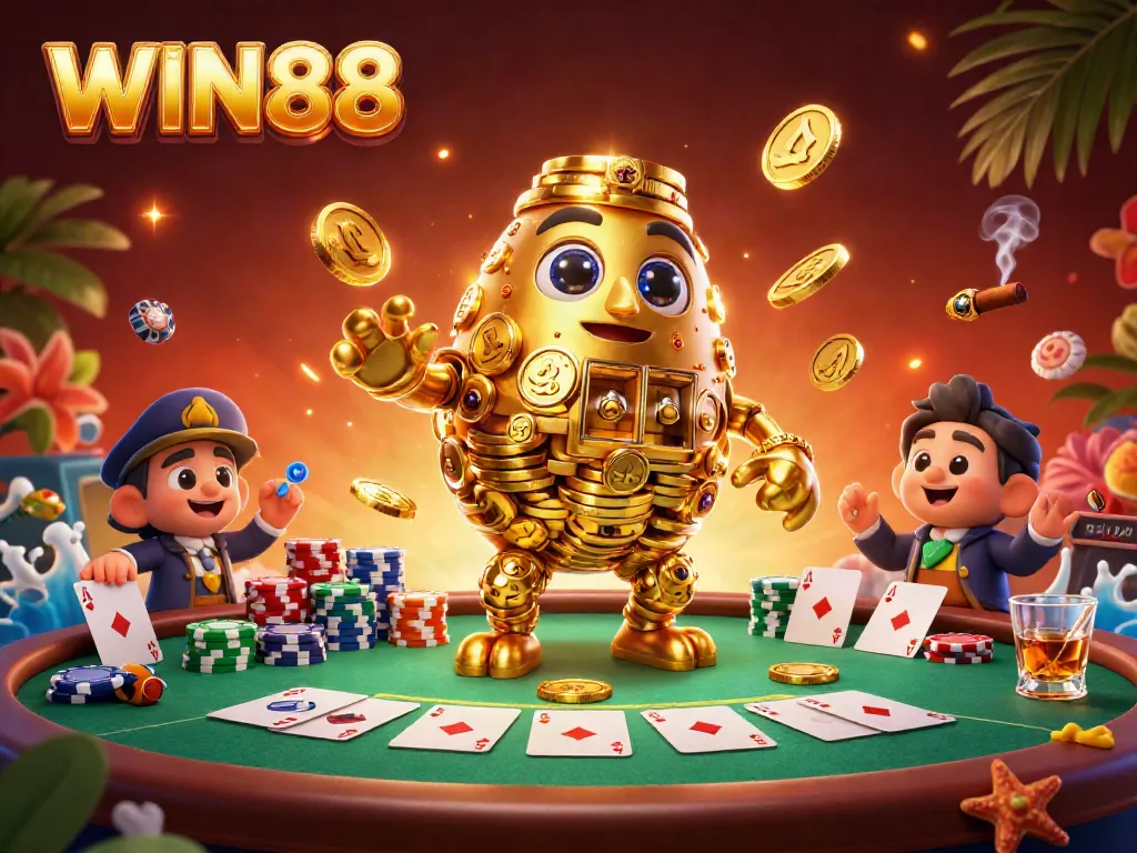 Experience the thrill of WIN88 with a vibrant casino scene featuring a golden golem and poker elements.