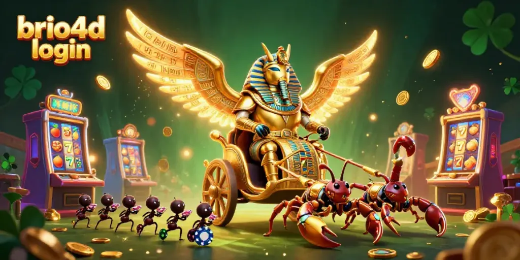 Engage in thrilling gameplay at brio4d login with vibrant slot machines, golden beetles, and scorpions.