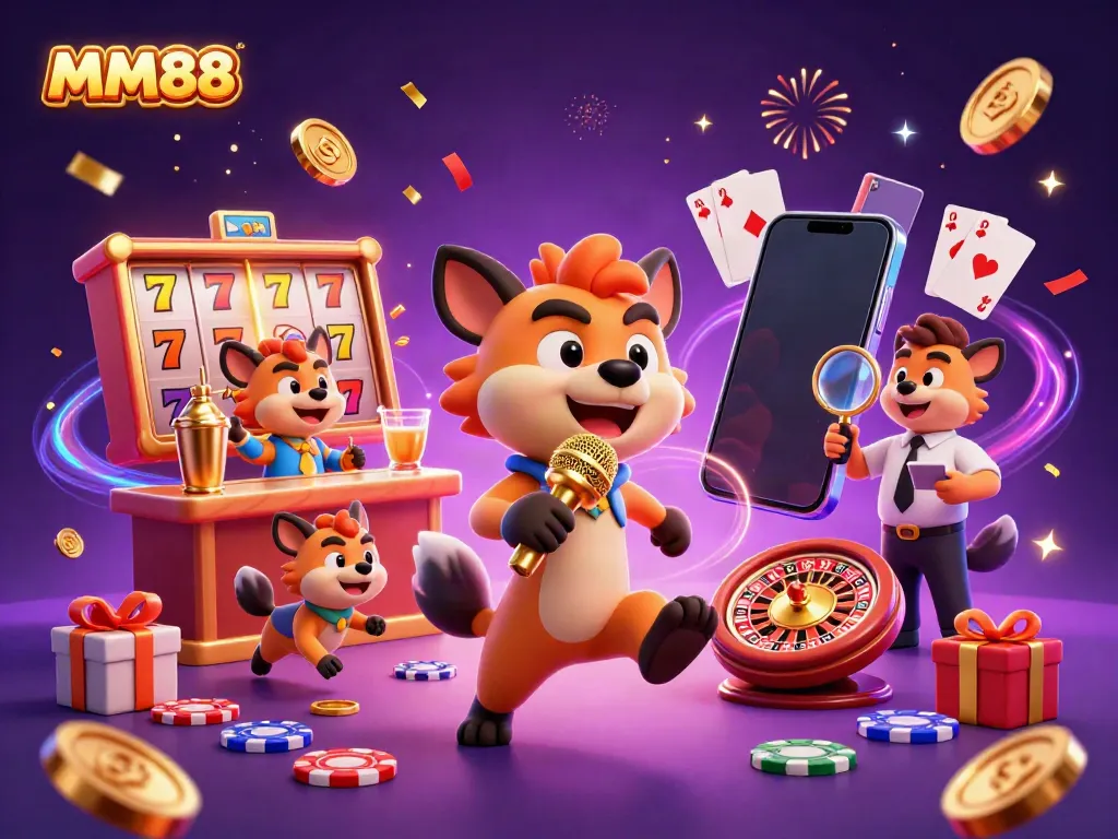 Experience the excitement of MM88 with a lively hyena casino scene featuring comedy and gaming elements.