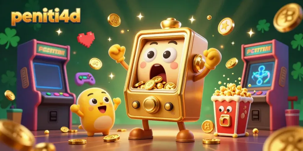 PENITI4D menghadirkan slot mesin emas animasi yang terkejut saat jackpot, dikelilingi mesin kecil dan konter popcorn.