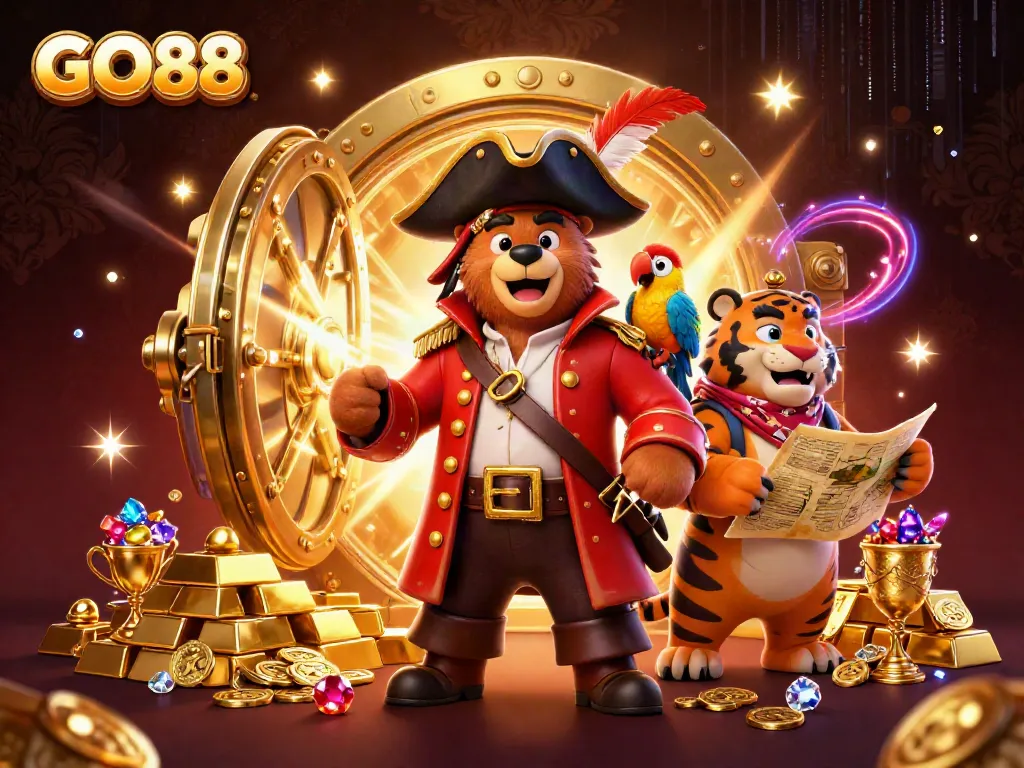 Experience the excitement of GO88 with a vibrant scene featuring a pirate bear, tiger, and treasure.