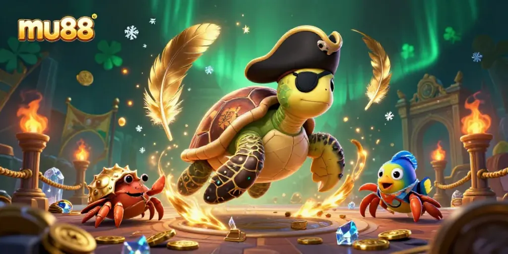 Experience thrilling betting action in mu88, featuring a cartoon turtle pirate alongside sea creatures and treasure.