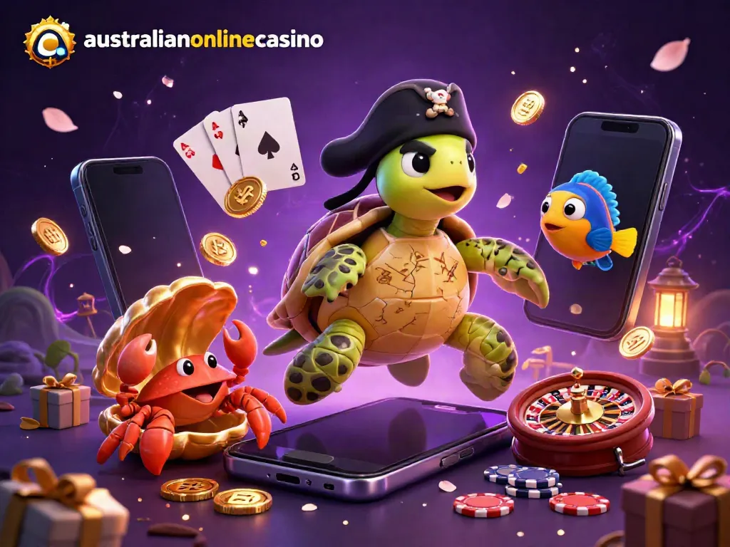 Exciting 3D illustration showing a turtle, crab, and parrotfish celebrating at australianonlinecasino, surrounded by vibrant gaming elements.
