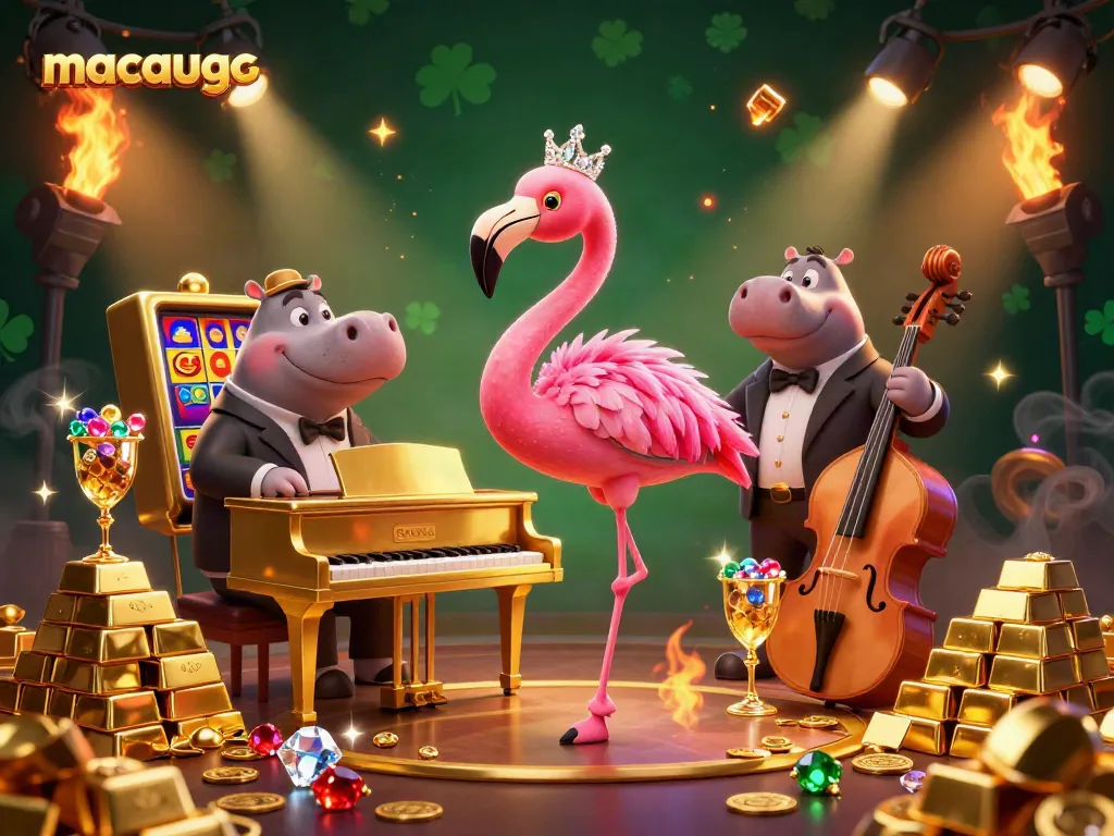 Engage with macaugg's vibrant gaming scene featuring a flamingo lounge singer and hippo bassist amid slot symbols and gold treasures.