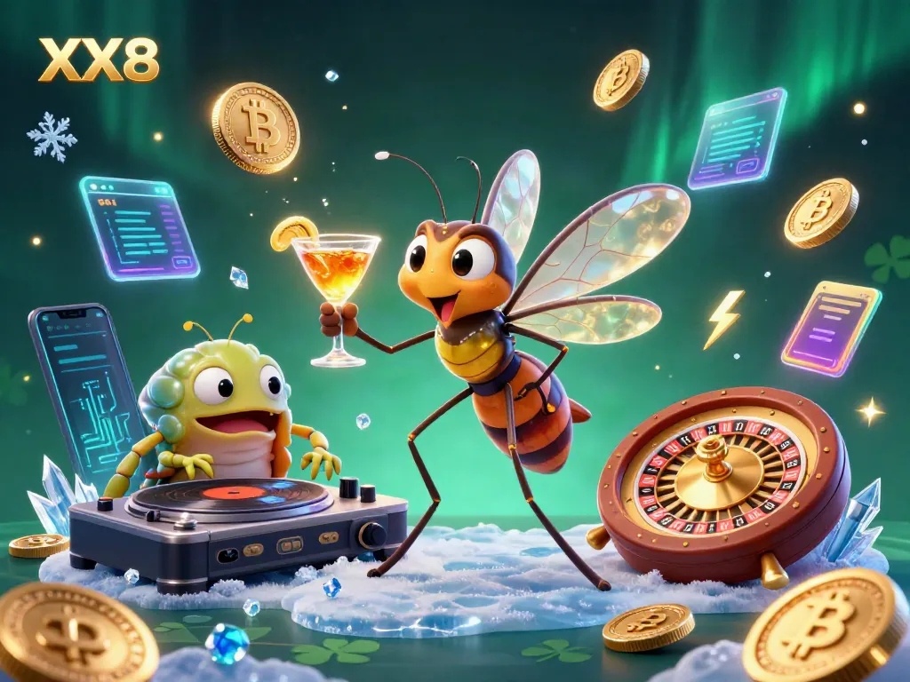 Engage with the exciting world of XX8's casino games featuring vibrant characters, neon crypto elements, and a dynamic atmosphere.