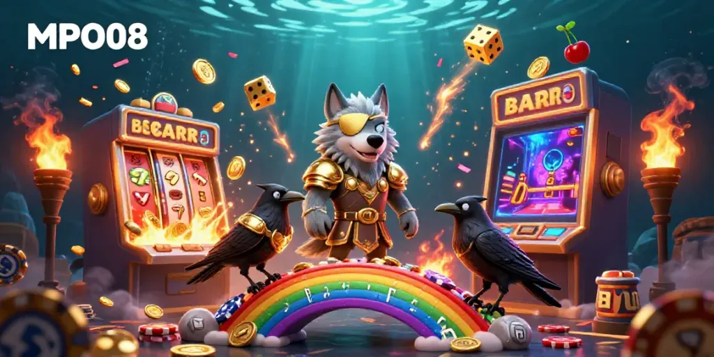 MPO08 brings excitement with Odin's wolf and ravens amid a jackpot explosion in a vibrant casino scene.