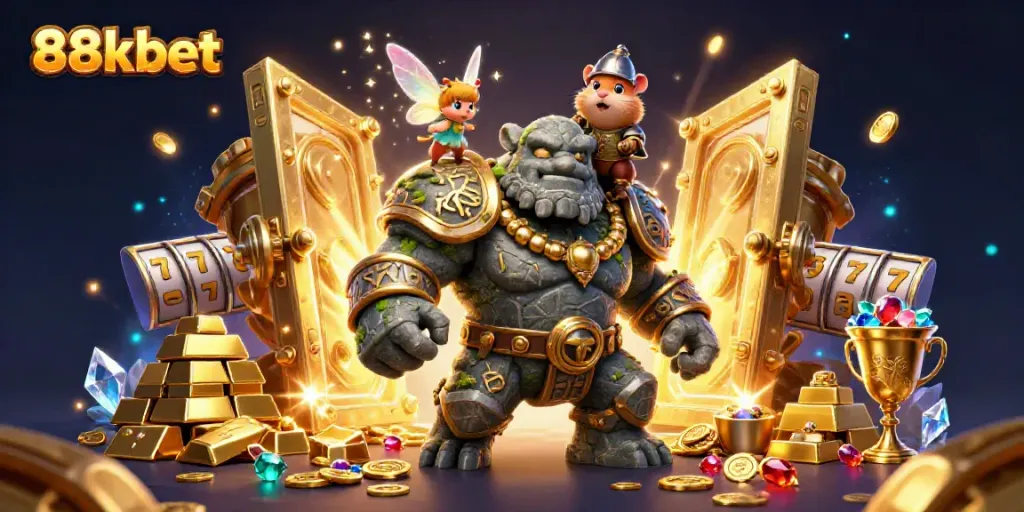 Engage with the dynamic magic of 88kbet featuring a golem and knight in a vibrant casino scene.