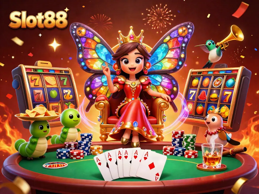 Experience the enchanting world of Slot88 with 3D colorful characters amidst winning casino elements.
