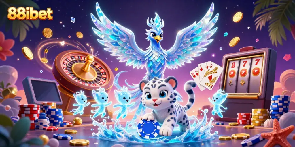 Experience thrills at 88ibet with an ice phoenix, vibrant casino elements, and a dynamic gaming atmosphere.