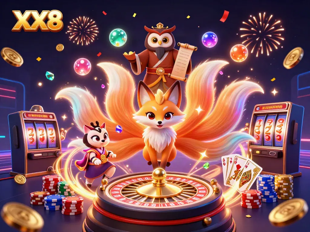 Gameplay excitement at XX8, featuring dynamic casino characters and shimmering casino symbols.