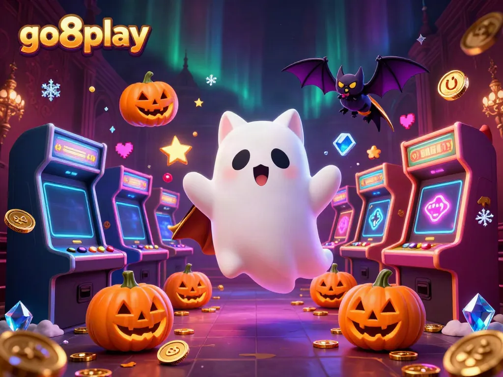 Experience the thrilling gaming journey at go8play with a captivating haunted casino scene featuring a friendly ghost cat.