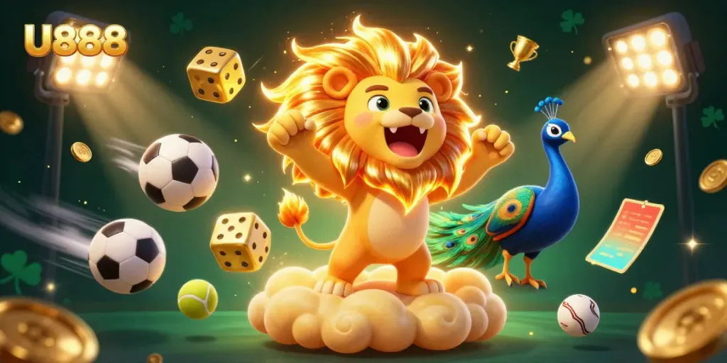 Experience the excitement of U888 with a triumphant lion, golden dice, and vibrant gambling elements.