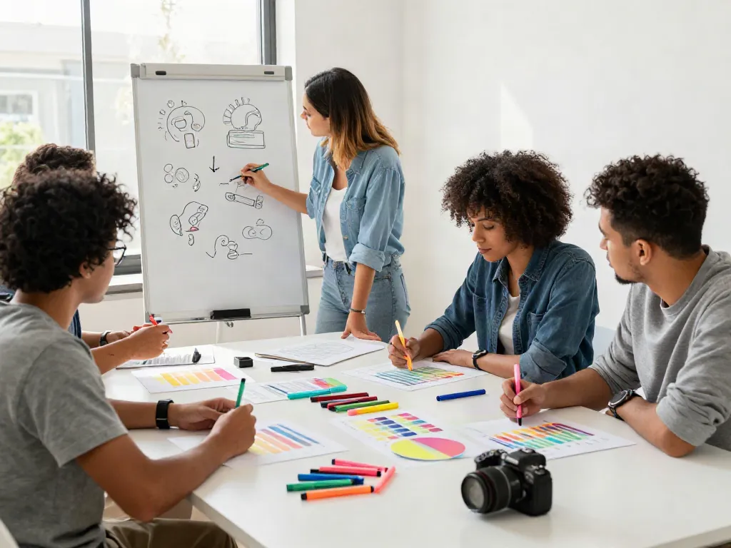 Highlighter manufacturer team collaborating on innovative stationery designs in a bright workspace.