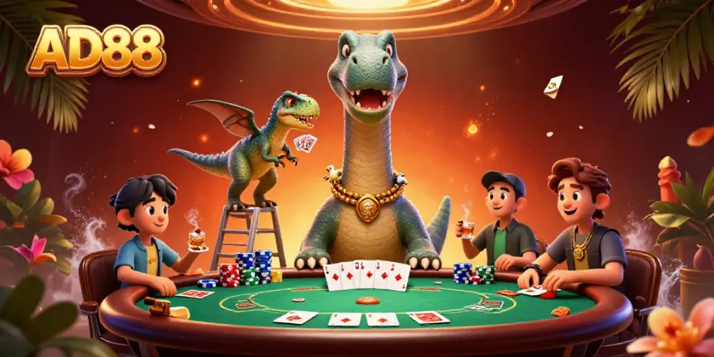 Engage with AD88's exciting casino scene featuring a brontosaurus and raptor amid vibrant poker action.