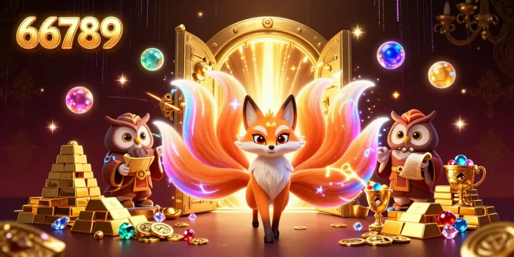 Experience the vibrant world of 66789 with a mystical fox spirit and treasures galore, showcasing 3D casino elements.