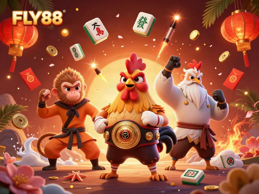 Engage with the vibrant and dynamic FLY88 illustration, showcasing a lively casino scene with animated characters.