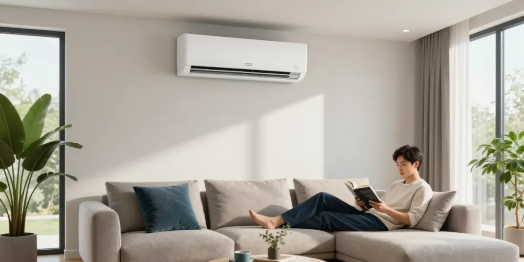 A stylish mini split ac system cooling a modern living room with a relaxed homeowner.