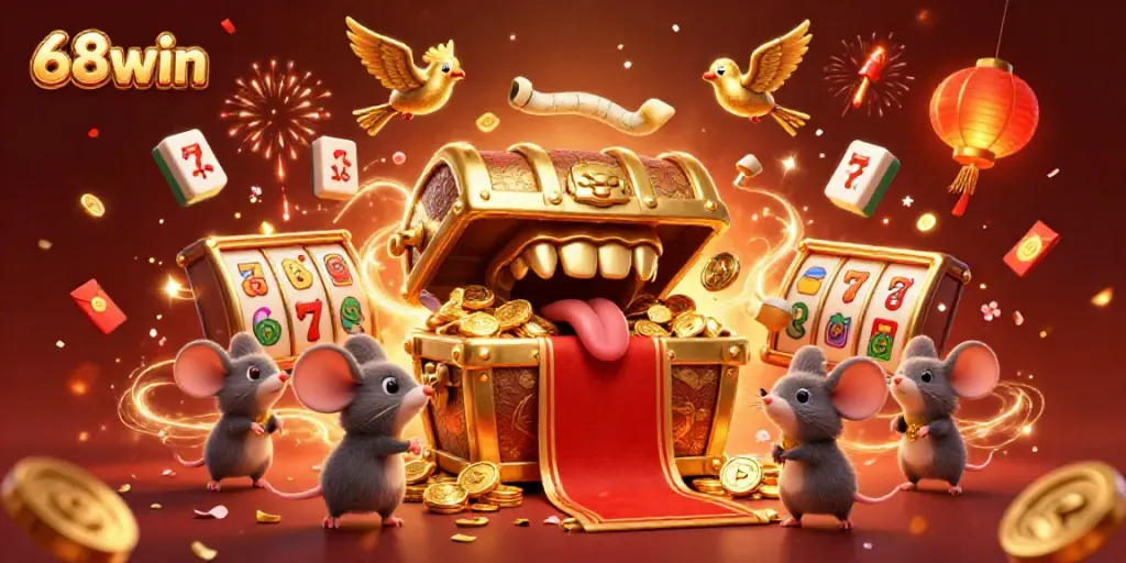 Engage with the thrilling world of 68win featuring vibrant slot games, treasure chests, and winning symbols.