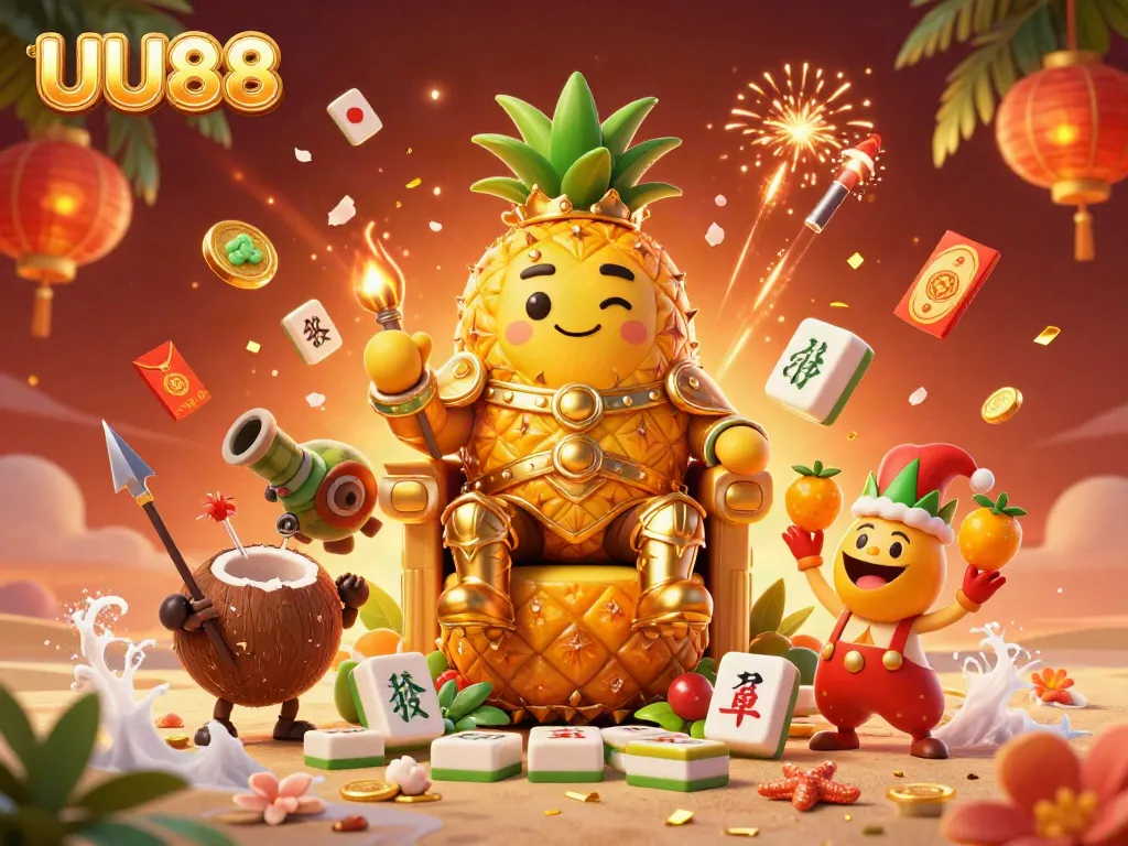 Spin to win with UU88's vibrant casino scene featuring a golden pineapple king and lucky symbols.