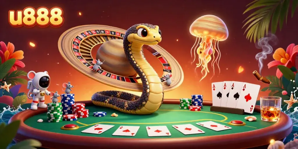 Betting on u888's space-themed casino scene with a Saturn snake roulette and charming astronaut mice.