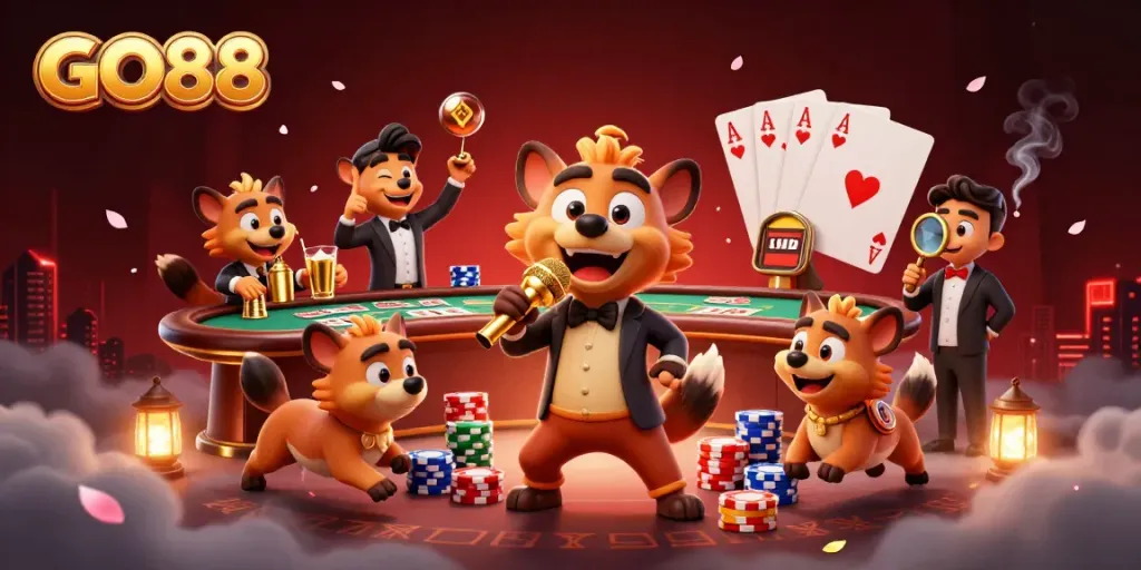 Experience the excitement of GO88 with animated hyenas in a lively casino scene featuring dynamic elements.