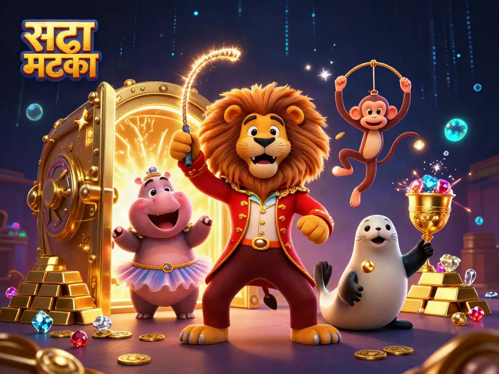 सट्टा मटका के साथ 3D सर्कस रिंगमास्टर और जादुई तत्वों की भीड़ में खेलते हुए दृश्य