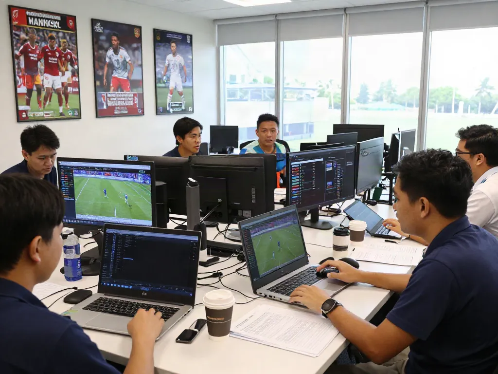 ข่าวฟุตบอลไทย updates in a vibrant newsroom with sports journalists covering transfer news.